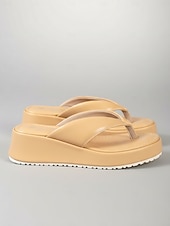 baratos Sandálias plataforma anabela-Chinelo feminino amarelo chique com plataforma - sandálias minimalistas de bico aberto com tiras acolchoadas - calçado sofisticado para férias tropicais e para usar à beira da piscina.