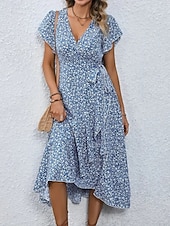 זול שמלות פרחוניות יומיומיות-בגדי ריקוד נשים שמלת מידי שמלת קז'ואל שמלת מעטפת שמלה פרחונית אלגנטית אופנתי מודרני בָּחוּץ חופשה ליציאה רגיל פרחוני שרוולים קצרים צווארון V שחור צהוב ורוד מסמיק אודם קיץ אביב