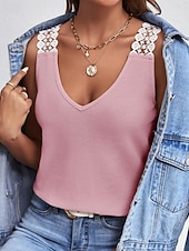 ieftine Rezervor simplu-Pentru femei Tricou Bluză Tee Top Dantelă Culoare solidă Grafic Simplu Modă Clasic Casual Fără manșon În V Topuri obișnuite Zilnic Ieșire Sfârșit de săptămână Negru Roz Îmbujorat Roșu-aprins Kaki Gri