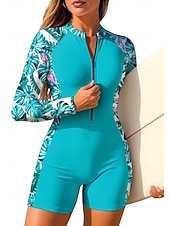 baratos Rash Guards de Uma Peça-Mulheres Padrão Anti Atrito Maiô de surfe de uma peça Roupa de banho Floral Tropical Bloqueio de cores Zip Up Com sutiã embutido Bojo Removível Proteção Solar UV UPF50+ Ultra Leve (UL) Manga Longa