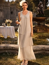 cheap Mom's Dress Sets-Sheath Column Ankle Length Wedding Guest Dress Mother of the Bride Dress Sleeveless V Neck Elegant Simple Wedding Guest Semi Formal Chiffon with Tier Solid Color