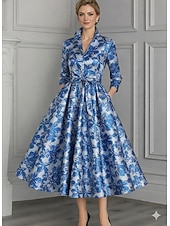  A-linje Ankellengde Gjestekjole til bryllup Formell kjole Aftenkjole Kjole til brudens mor 3/4 ermer Knaphul Elegant Årgang Formell Spandex med Belte / bånd Sløyfe(r)