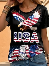  Dia da Independência Camiseta Feminina Patriótica Gráficos Bandeira Letra Vintage Moda Estilo Casual Manga Curta Decote Redondo Tops Regulares Uso Diário Fim de Semana Estampa Preta Verão Primavera