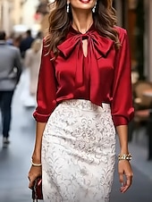 economico Bluse Eleganti-Per donna Elegant Top in raso Blusa Top Eleganti Arricciato Nodo frontale Patchwork Semplice Elegante Signore Essenziale Manica Lunga Cravatta al collo Top Regolari Quotidiano Lavoro Ferie Rosso