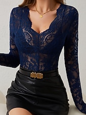 economico Top in Pizzo-Per donna Blusa Top in pizzo Pizzo Floreale Semplice Elegante Sexy Moderno Manica Lunga Scollo a V Top Regolari Quotidiano Ferie Uscire Blu Nero Bianco Vino Verde Estate Primavera Autunno Inverno