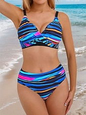 economico Set bikini 3 pezzi-Per donna Costumi da bagno Tankini Tre Pezzi Gonna Costume da bagno Controllo della Pancia Vita alta Snello Senza schiena Vacanza Abbigliamento da Spiaggia A righe Scollo a V Senza Maniche Costumi da