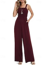 billige Jumpsuits-Dame Normal Kjeledresser Aktiv Helfarge Ermeløs Bred Bukseben Firkantet hals Lomme Daglig Feriereise Løstsittende Svart Vin Navyblå Sommer