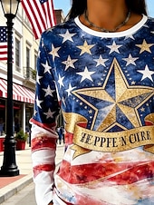  Amerikanska självständighetsdagen Dam T-shirt T-tröja Mönster Grafisk Stjärna Mode Grundläggande Ledigt Långärmad Rund hals Vanliga toppar Dagligen Utekväll Helgen Blå Sommar Vår Höst