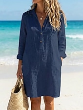 economico Vestito Semplice-Per donna Abito al ginocchio Abiti in cotone e lino Abito Camicia Moda Moderno All'aperto Vacanza Ferie Vestibilità regolare Semplice Manica Lunga Colletto a Camicia Bianco Giallo Blu marino Estate