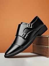 baratos Sapatos de monge-Sapatos masculinos pretos formais em couro sintético com fivela dupla e acabamento brilhante – calçado elegante e sofisticado para negócios, casamentos e ocasiões especiais.