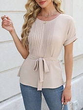 preiswerte Einfache Blusen-Damen Popover-Hemd Sommerhemd Freizeithemd Bluse Gerafft Schnürung Einfach Elegant Stilvoll Basic Kurzarm Rundhalsausschnitt Normale Oberteile Täglich Strand Ferien Blau Schwarz Weiß Grün Sommer