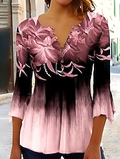  Velikonoční dámské tričko ombre květinová grafika elegantní vintage stylové 3/4 rukáv V-výstřih standardní topy na každodenní nošení knoflíky modrá růžová červená zelená léto jaro