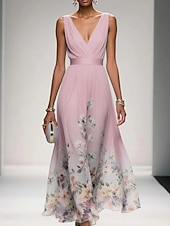 baratos Vestidos Florais Elegantes-Mulheres Vestido Longo Vestido casual Vestido de chiffon Elegante Moda Moderno Ao ar livre Férias Para Noite Normal Floral Sem Manga Decote V Azul Rosa Roxo Verde Verão Primavera