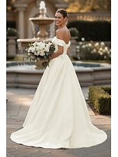  فساتين زفاف A-الخط V رقبة بدون كم ذيل مثل الفرشاة ساتان فساتين الزفاف مع روش لون صلب