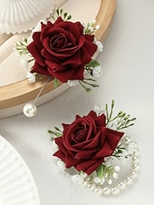 cheap Wedding Accessories-Women's Bridesmaid and Groomsman Corsage and Boutonniere Set, Available in Multiple Colors, Polyester Material, Perfect for Weddings and Parties