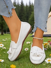 cheap Women's Slip-Ons &amp; Loafers-Women's White Tassel Moccasins Loafers – Soft Faux Leather Slip-On Shoes for Work, Weekend Wear, Travel &amp; Smart Casual Looks