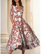 cheap Cocktail Dresses-A-Line Ankle Length Cocktail Dresses Party Dresses Elegant Vintage Floral Half Sleeve V Neck Wedding Formal Pink Dress Satin with Embroidery Pocket