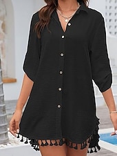 お買い得  ビーチドレス-女性用 ミニドレス 白いドレス ビーチドレス 黒いドレス シャツドレス エレガント ファッション クラシック 日常 アウトドア ビーチ ルーズフィット 平織り 七分袖 シャツカラー ブラック ホワイト 夏 春