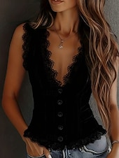 abordables Tops de Encaje-Mujer Blusa Tops de encaje Encaje Plano Elegante Sensual Moderno Sin Mangas Escote en Pico Tops regulares Diario Festivos Noche Negro Blanco Verano Primavera