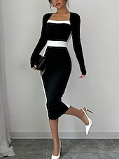 billige midi sort kjole-Dame Midikjole Bodycon kjole Semiformelle kjoler Kontor Normal Fargeblokk Langermet Firkantet hals Svart Navyblå Vår Høst