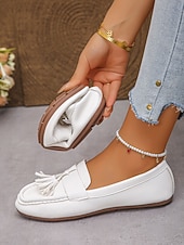 cheap Women's Slip-Ons &amp; Loafers-Women's White Tassel Moccasins Loafers – Soft Faux Leather Slip-On Shoes for Work, Weekend Wear, Travel &amp; Smart Casual Looks
