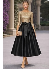  A-linja Polven yli Cocktailmekot Tyylikäs 3/4 hiha Venekaula-aukko Puutarhajuhlat Häät Tafti Paljetein koristeltu kanssa Rusetti(rusetit) Laskokset