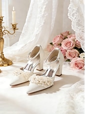 abordables novia-Women's Ivory Pearl Embellished Ankle Strap Heels, Elegant Pointed-Toe Bridal Shoes for Modern City Wedding