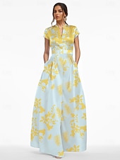 cheap A-Line Evening Dresses-A-Line Floor Length Evening Gown Formal Dress Elegant Silky Short Sleeve V Neck Wedding Formal Satin with Floral Print