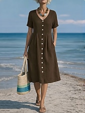 tanie Podstawowe sztuczne sukienki-Damskie Sukienka midi Sztuczna bawełna len Sukienka A line Codzienny Codzienny Regularny Równina Krótki rękaw W serek Niebieski Czarny Biały Wino Lato Wiosna