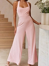 billige Jumpsuits-Dame Normal Kjeledresser Elegant Helfarge Ermeløs Bred Bukseben Grimehals Åpen rygg Daglig Feriereise Løstsittende Hvit Lysegrønn Rosa Sommer