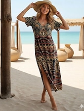 preiswerte Kunst &amp; Design Kleider-Damen Midikleid A Linie Kleid Lässig Täglich Normale Passform Blumen Abstrakt Kurzarm V Ausschnitt Schwarz Weiß Leicht Braun Orange Sommer Frühling