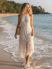 abordables Vestido Sencillo-Mujer Vestido maxi Vestido de una línea vestido halter Vestido con hombros descubiertos Casual Exterior Noche Ajuste regular Floral Sin Mangas Cuello halter Albaricoque Verano Primavera