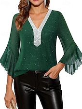 baratos Blusas Elegantes-Mulheres Blusa Tops de lantejoulas Patchwork Bloco de cor à moda Moderno Manga 3/4 Sino Decote V Tops regulares Diário Feriado Para Noite Azul Preto Vermelho Verde Verão Primavera