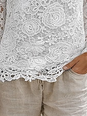 cheap Lace Tops-Women's Blouse Lace Solid Color Elegant Stylish Casual Long Sleeve Crew Neck Regular Tops Daily White Summer Spring Fall