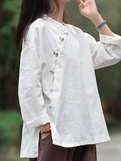 economico Collezione di Lino Premium-Camicia da donna a maniche lunghe con colletto alla coreana in lino biologico