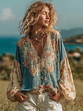  Blusa Boho Feminina Linho Semelhante Respirável Leve Floral Elegante Boêmia Tropical Manga Longa Decote em V Tops Regulares Diários Feriado Impressão Patchwork Botões Amarelo Azul Claro Primavera