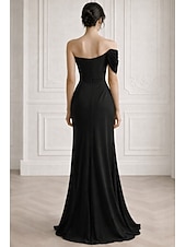 abordables Robes de Soirée Sirène-A-Line Mermaid Trumpet Floor Length Evening Gown Elegant Sleeveless One Shoulder Wedding Formal Stretch Satin with Pleats