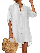 お買い得  ビーチドレス-女性用 ミニドレス 白いドレス ビーチドレス 黒いドレス シャツドレス エレガント ファッション クラシック 日常 アウトドア ビーチ ルーズフィット 平織り 七分袖 シャツカラー ブラック ホワイト 夏 春