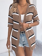 billiga Enkla blusar-Dam Skjorta Blus Stickad Randig Stylish Klassisk Modern Halvlång ärm V-hals Vanliga toppar Dagligen Helgdag Utekväll Vin Brun Kaki Sommar Vår