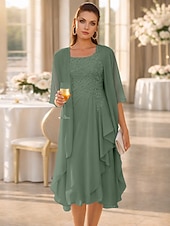  Duas Peças Linha A Até os Joelhos Vestido de convidada de casamento Vestido Para Mãe dos Noivos Sem Manga Scoop pescoço Elegante Convidado do casamento Festa de Casamento Chiffon Renda Vestidos de