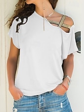 abordables Camiseta lisa-Mujer Camiseta Camiseta superior Retazos Color sólido Elegante Clásico Casual Manga Corta Cuello Barco Tops regulares Diario Noche Fin de semana Azul Piscina Negro Blanco Vino Naranja Verano Primavera
