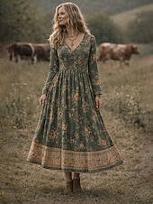 abordables Vestido Boho-Vestido Midi Boho para Mujer Vestido Corte A Fiesta Casual Cita Ajuste Regular Gráfica Floral de Manga Larga Cuello en V Rojo Púrpura Naranja Verde Verano Primavera Otoño
