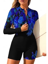 お買い得  ワンピースラッシュガード-女性用 ラッシュガード ワンピースサーフィンスーツ 水着 フラワー トロピカル風 カラーブロッキング ジッパーを閉める 内蔵ブラ付き 取り外し式パッド UVサンプロテクション UPF50+ 超軽量(UL) 長袖 スイムウェア ラッシュガード サーフィン ビーチ ウォータースポーツ 夏