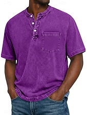 billige Uformell Henley T-skjorte-Herre Henly-skjorte 100% bomullssyre-vaskeskjorte T-skjorte T-skjorte Kortermet Ensfarget Retro / vintage Fritid Lomme Gammeldags stil Vasket Henley Avslappet Sommer Vår Høst Svart Rosa Lysegrønn