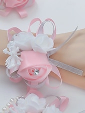 abordables Boda ACC-Ramillete de muñeca de rosas para mujer, flor de cinta de poliéster con pulsera elástica de perlas falsas, varios colores, accesorio elegante para damas de honor y novias para bodas, bailes de graduación y eventos formales.