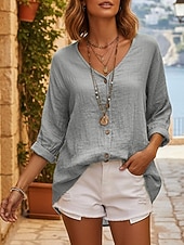 levne Základní falešné košile-Dámské Košile Košile pro volný čas Halenka Knoflíky Bez vzoru Čechy stylové Na běžné nošení Dlouhý rukáv Do V Běžné topy Denní Dovolená Jdeme ven Vodní modrá Světlá růžová Fialová Trávová zelená Khaki