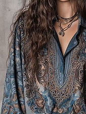 abordables Blusas Florales-Mujer Camisa Camisa casual Cachemir Vintage Elegante Clásico Manga Larga Escote en Pico Tops regulares Diario Festivos Noche Azul Piscina Primavera Otoño