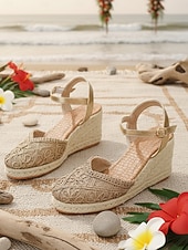 abordables Femmes-Espadrilles compensées blanches en dentelle pour femmes - élégantes sandales à plateforme crochetées à bout fermé et bride cheville, chaussures confortables pour les vacances d'été à la plage.