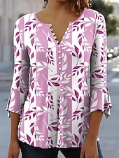 Χαμηλού Κόστους Floral μπλουζάκι-Γυναικείο T-Shirt  Φλοράλ Γραφικό Εξαιρετικό Στυλάτο 3/4 Μανίκι Στρογγυλός Λαιμός Κανονικά Τοπ Daily Έξοδος Ραφή Κουμπιά Μπλε Μωβ Πράσινο Χακί Καλοκαίρι Άνοιξη