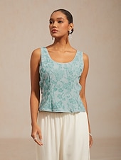  女性用 ドレッシーなトップス ツインセット ラインストーン フラワー エレガント クルーネック 結婚式のゲスト カクテルの服装 ライトブルー 夏 春 秋